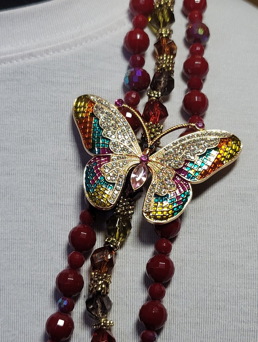 AB, Faceted Multi Lucite Necklace, Crystal, Enamel Butterfly Brooch - Vintage